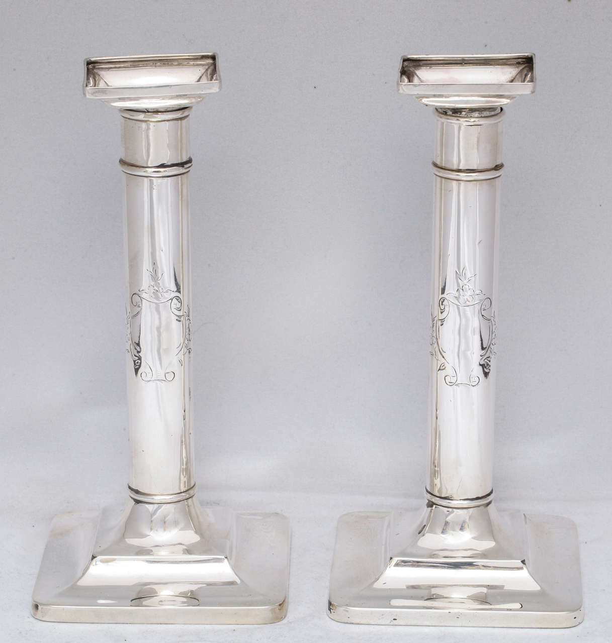 American Pair of Tiffany Sterling Silver Column Form Candlesticks