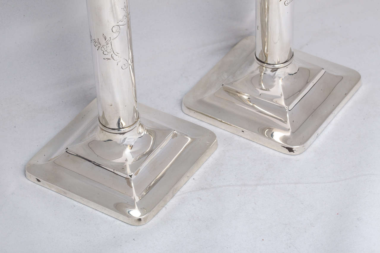 20th Century Pair of Tiffany Sterling Silver Column Form Candlesticks
