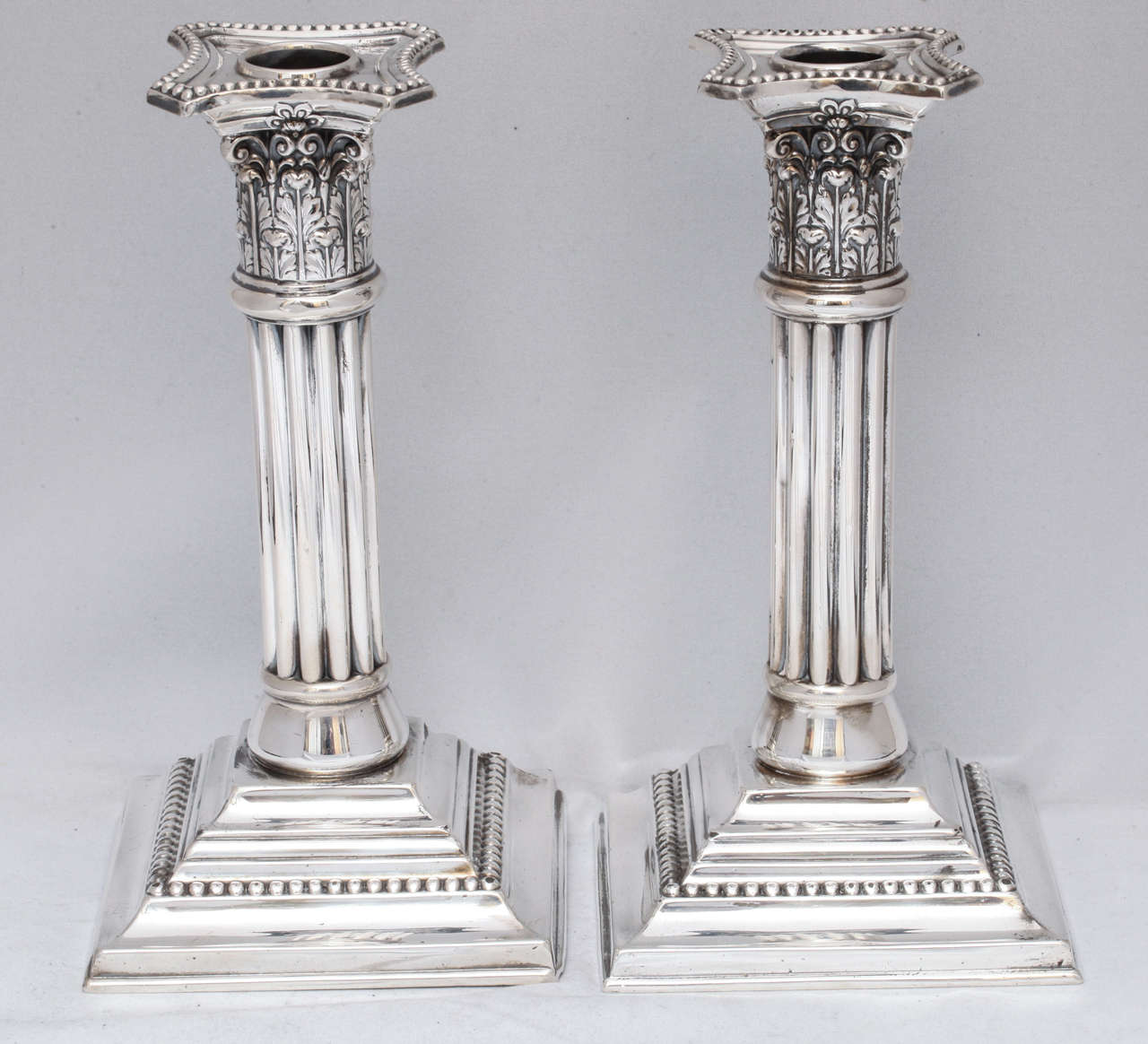 Edwardian Pair of Sterling Silver Corinthian Column Candlesticks