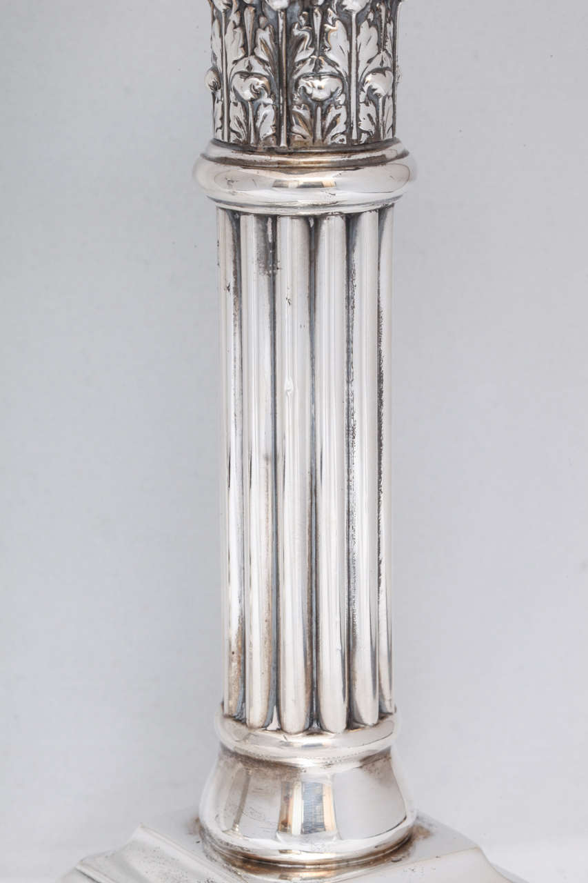 American Edwardian Pair of Sterling Silver Corinthian Column Candlesticks