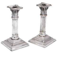 Edwardian Pair of Sterling Silver Corinthian Column Candlesticks