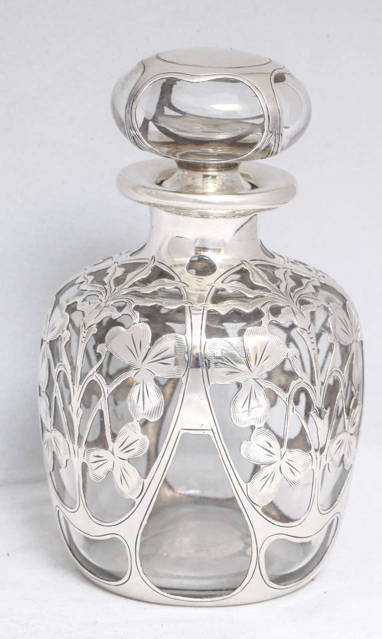 American Art Nouveau Sterling Silver Overlay Perfume Bottle