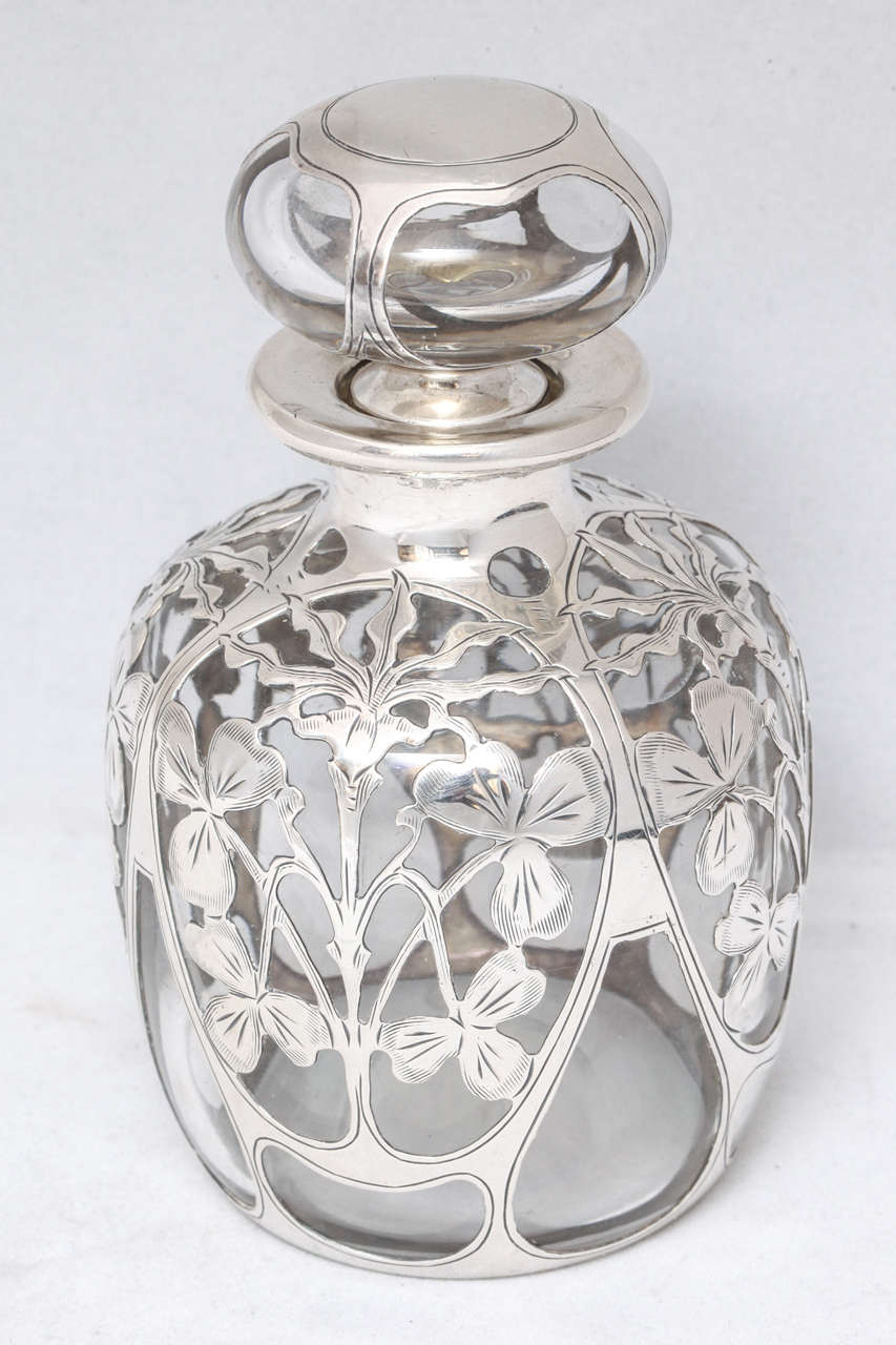 Art Nouveau Sterling Silver Overlay Perfume Bottle In Excellent Condition In New York, NY