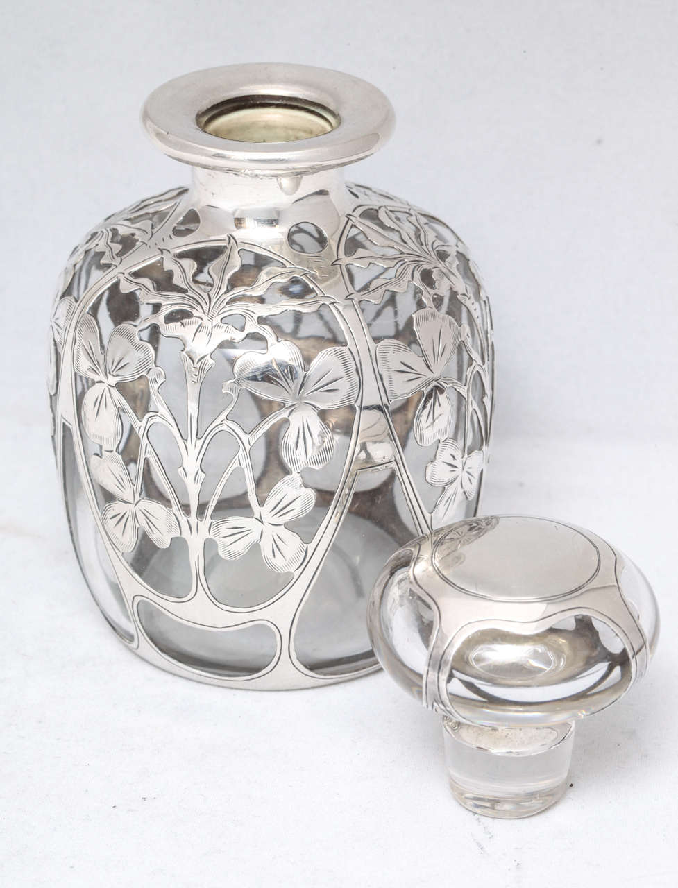 19th Century Art Nouveau Sterling Silver Overlay Perfume Bottle