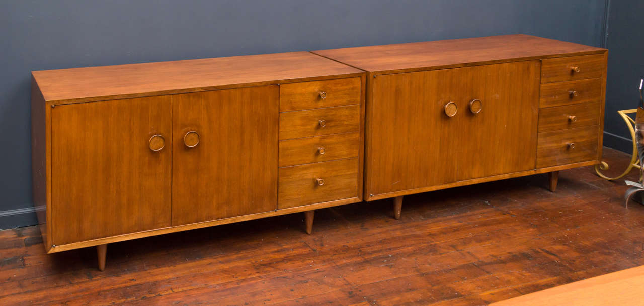 George Nelson design cabinet or small credenza, made from black walnut for Herman Miller.
Perfect entertainment center with drawers for storage and an adjustable shelf.
One available.
Net $1600.00 each
