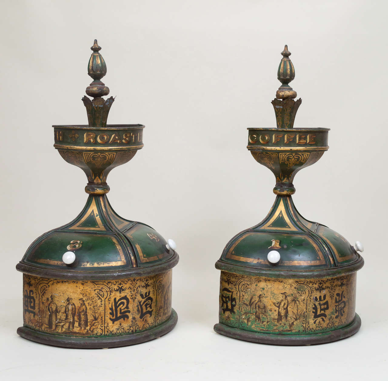 19th century English tole coffee bins, pair. Victorian store displays. Japanned and gilt decoration each with two numbered bins 1, 2, 3, 4. Manufacturers label: Sutcliff & Co. Japaners, Tin Plate Workers, Grocers, Outfitters, 49 & 51 Thomas St.