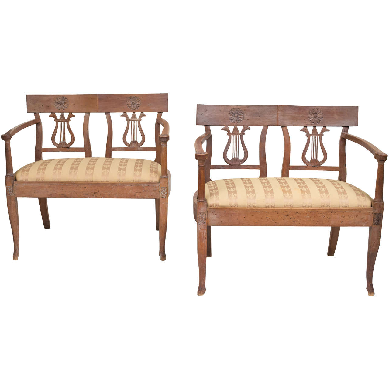 Late 18th Century Italian Neoclassic Walnut Benches, Pair