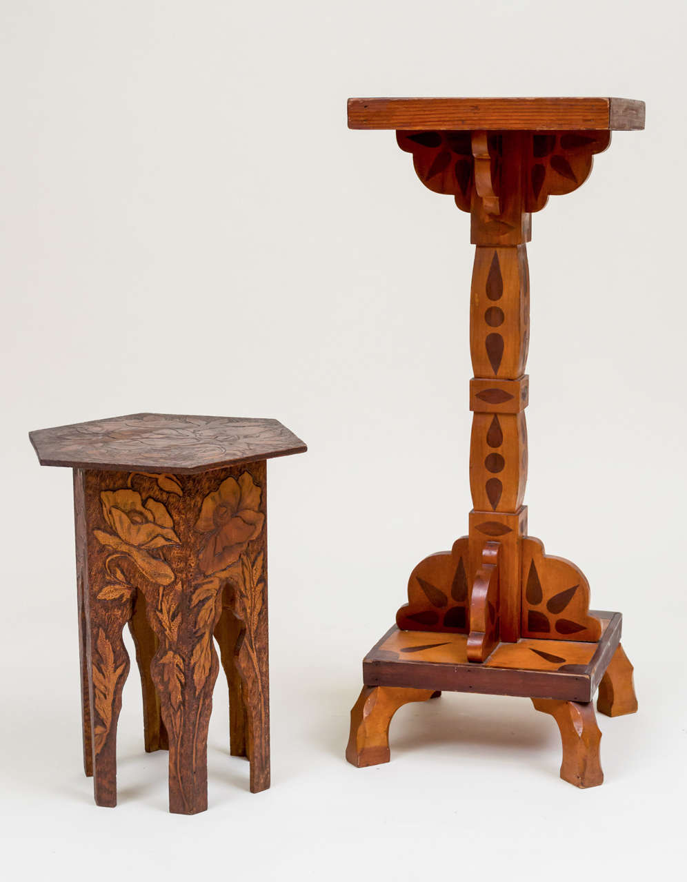 Early 20th c. American Folk Art marquetry Pedestal table and poppy pyro taboret, set of 2. Pedestal comprised of ornately shaped form with multiple marquetry designs. Hexagonal taboret with California poppy pyro technique design (wood burned).