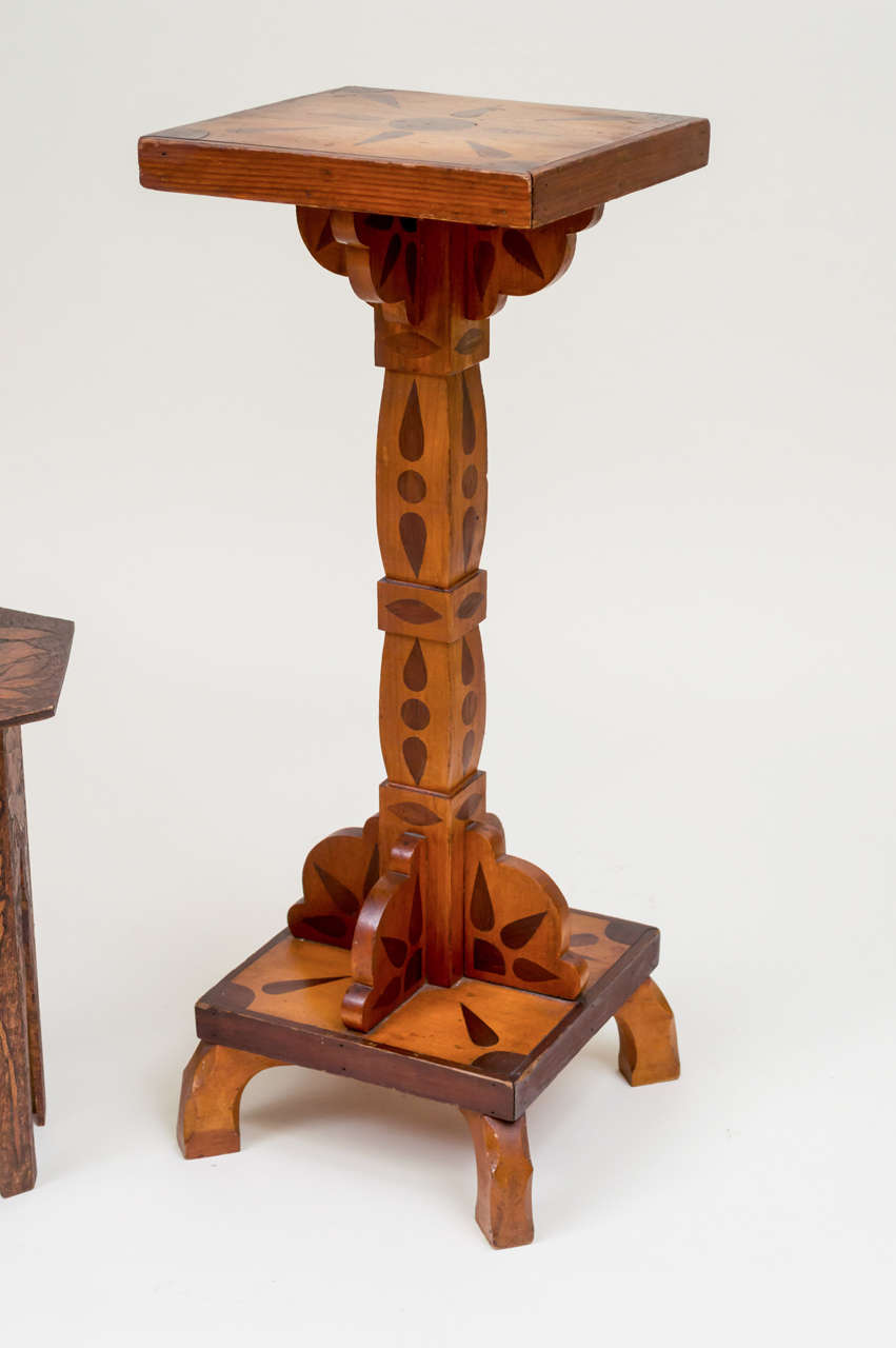 American Folk Art Marquetry Pedestal Table and  Poppy Pyro Taboret, Set of 2 In Good Condition In San Francisco, CA