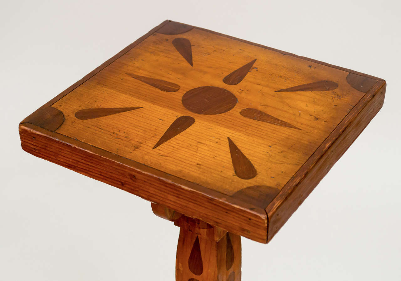 20th Century American Folk Art Marquetry Pedestal Table and  Poppy Pyro Taboret, Set of 2