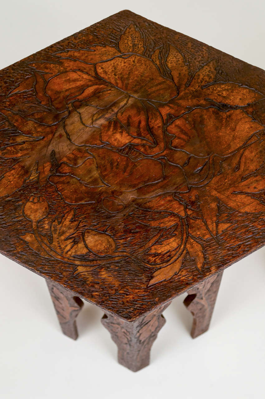 Pine American Folk Art Marquetry Pedestal Table and  Poppy Pyro Taboret, Set of 2