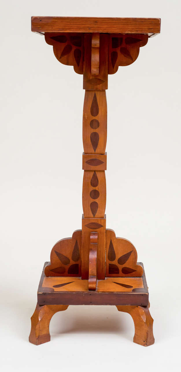 American Folk Art Marquetry Pedestal Table and  Poppy Pyro Taboret, Set of 2 1