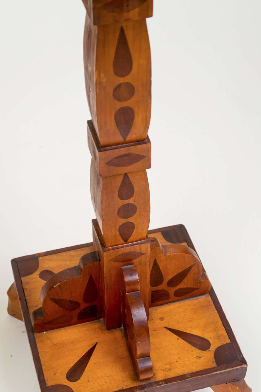 American Folk Art Marquetry Pedestal Table and  Poppy Pyro Taboret, Set of 2 3