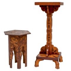American Folk Art Marquetry Pedestal Table and  Poppy Pyro Taboret, Set of 2