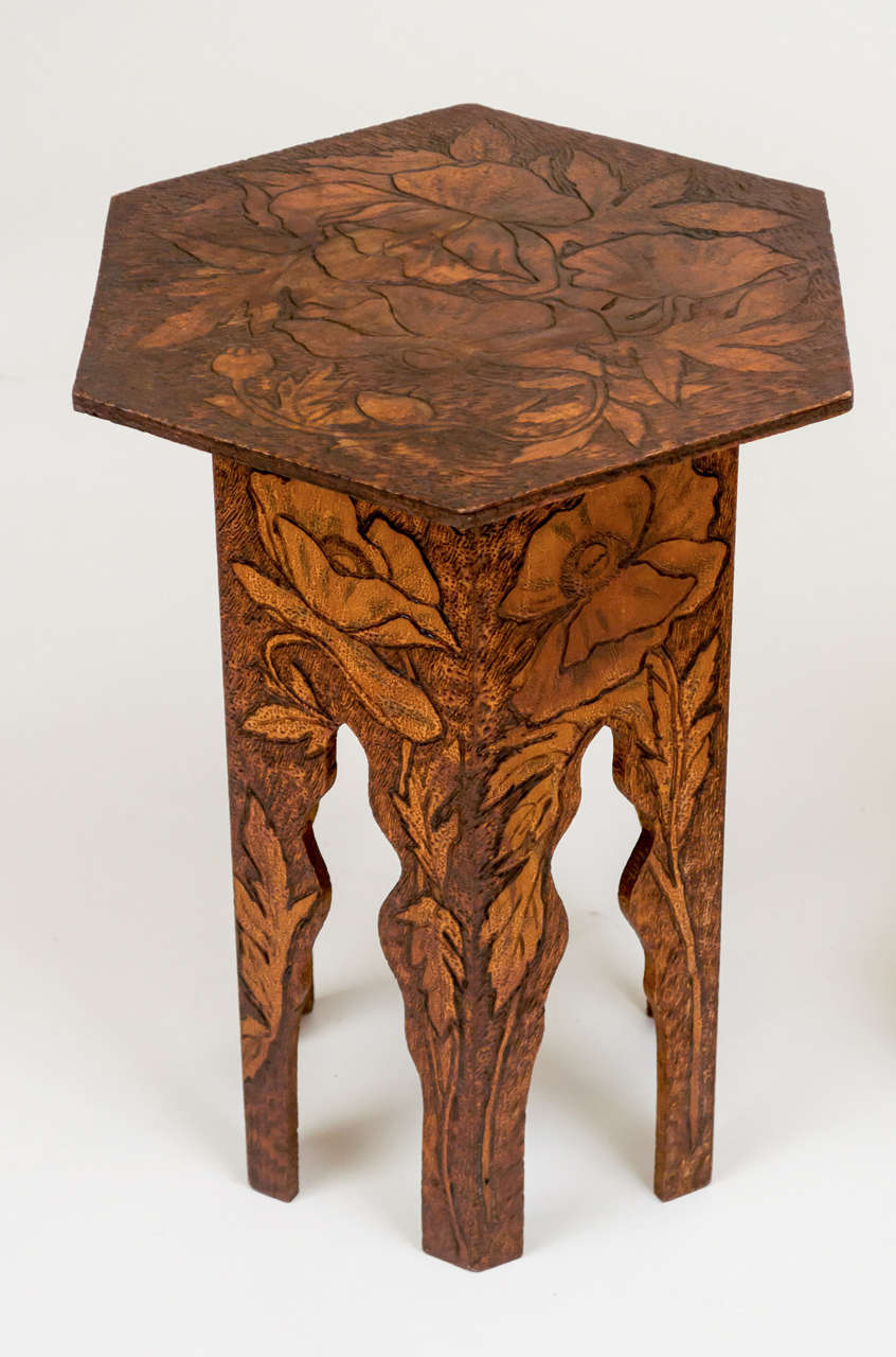 American Folk Art Marquetry Pedestal Table and Poppy Pyro Taboret, Set