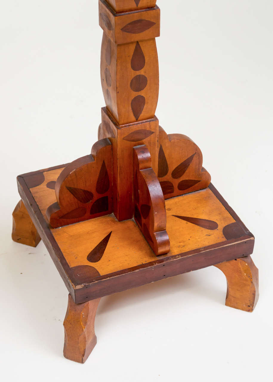 American Folk Art Marquetry Pedestal Table and Poppy Pyro Taboret, Set