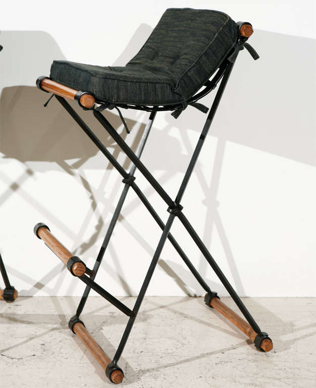 Pair Of 1960's California Design Cleo Baldwin bar stools.  Denim cushions.