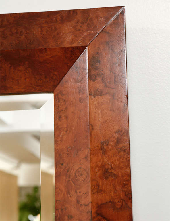 Large olive burl framed floor mirror designed by Milo Baughman.