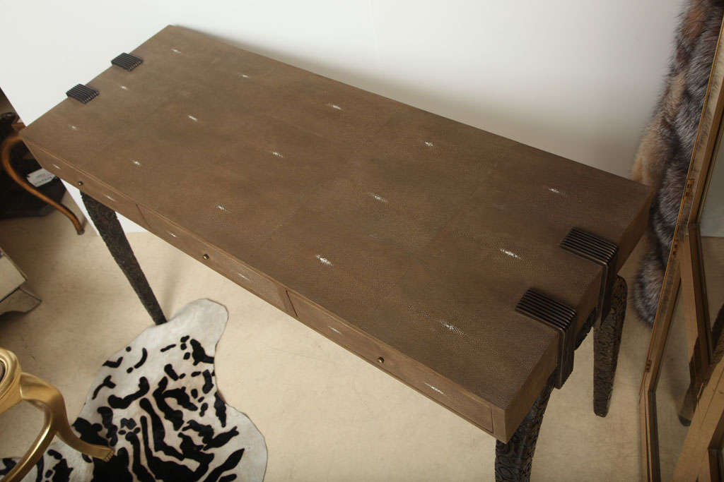 Modern Shagreen Desk with Bronze Legs, Khaki Color, Contemporary, Three Drawers