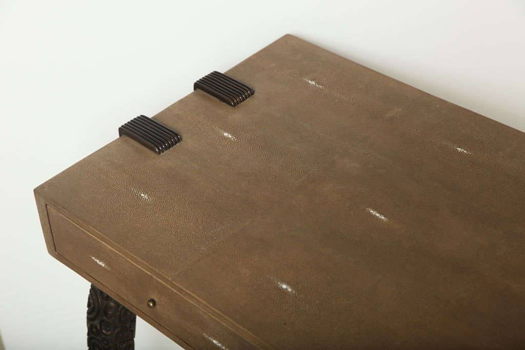 Philippine Shagreen Desk with Bronze Legs, Khaki Color, Contemporary, Three Drawers