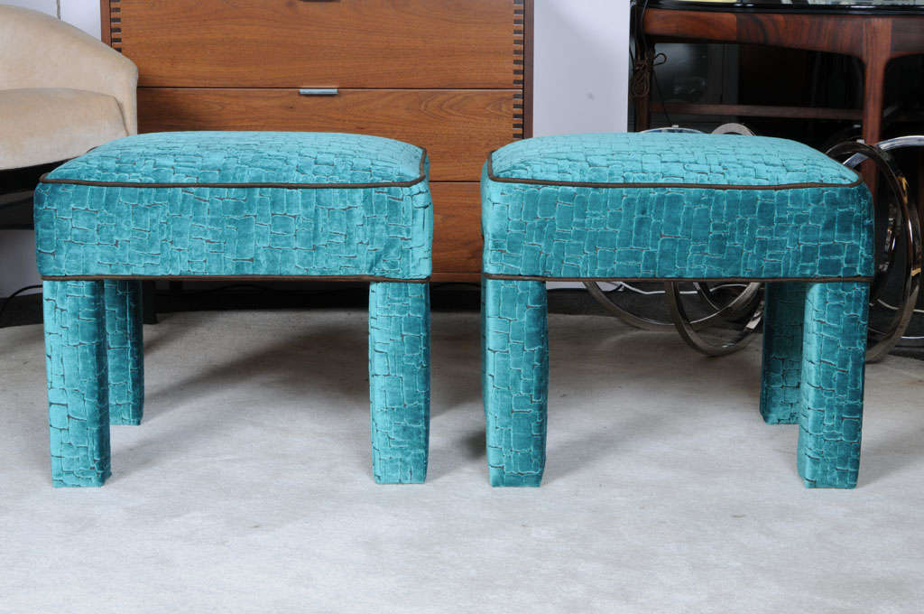 American Pair of Teal and Brown Velvet Ottomans