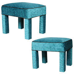 Pair of Teal and Brown Velvet Ottomans