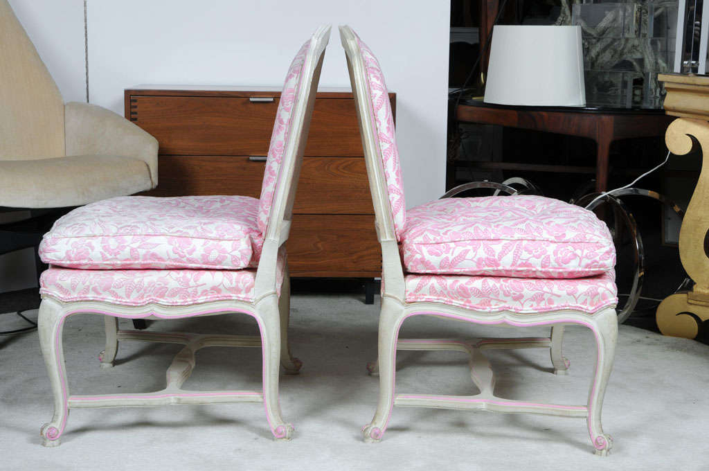 Mid-20th Century Pink and White Floral Slipper Side Chairs