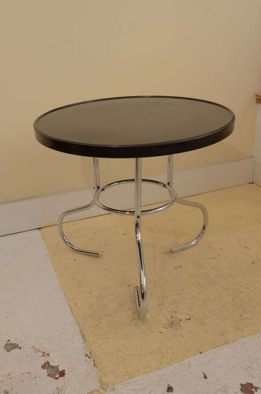 SLEEK LOOKING DECO BLACK BAKELITE END TABLE OR COFFE TABLE- THREE CROME CURVED LEGS JOINED BY A CIRCULAR STRETCHER