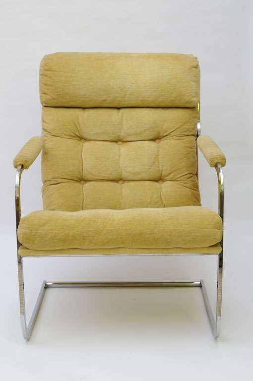 ...SOLD...Truly fabulous pair of classically modern cantilever armed lounge chairs with floating tufted cushion upholstery, absolutely inspired if not designed by Milo Baughman.  Their generous size and appealing modern profile grants them room