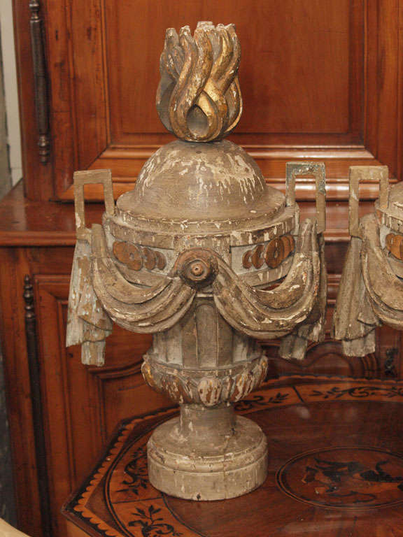 French PERIOD LOUIS XVI PAINTED AND GILT WOOD FLAME URNS