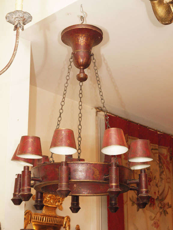 Early 19th c. Red Tole Chandelier with original finish. 9 lights. exceptional size and condition.
