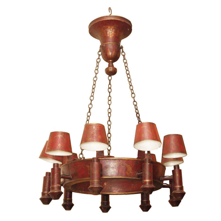 Exceptional Italian Red Tole 9 Light Chandelier