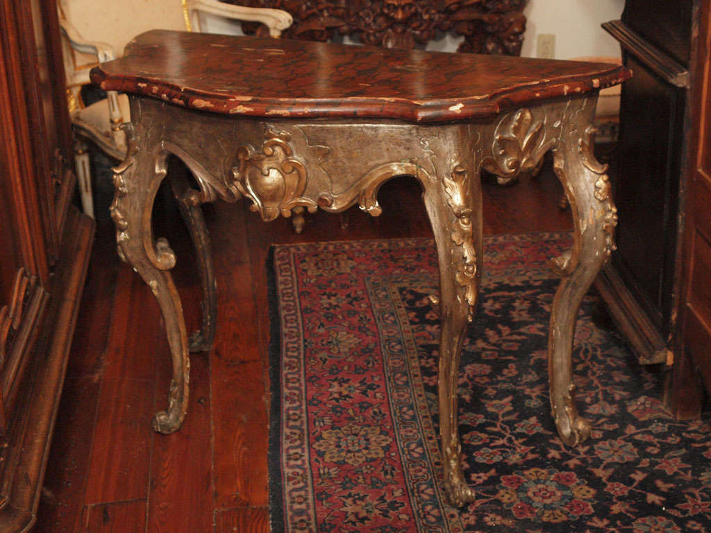 18th c. Giltwood and faux marble console table in the Louis XV taste.