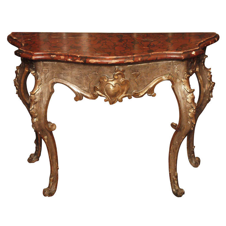 Italian Giltwood And Faux Marble Console Table For Sale