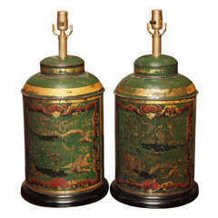 Pair of Parrot Green 19th Century Tea Tins as Lamps