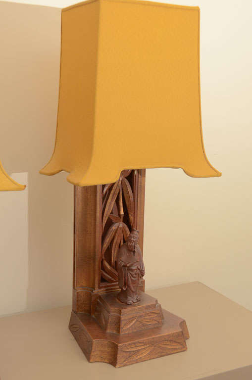 American Pair Of Carved Bamboo And Figurine Lamps By James Mont