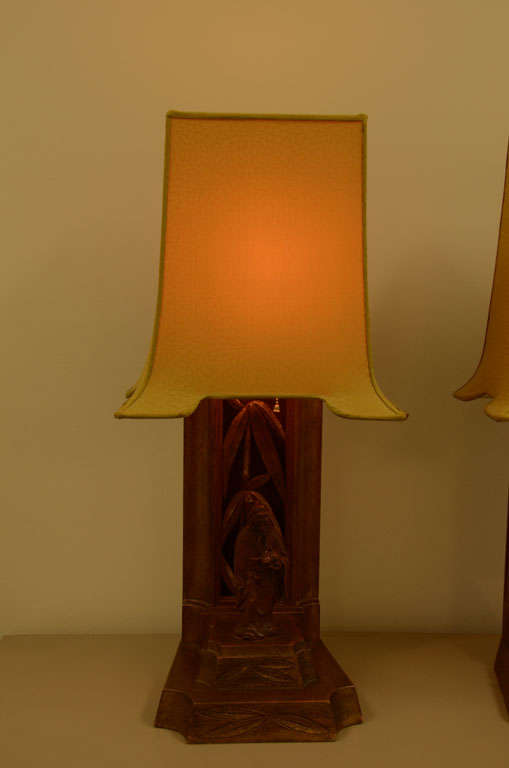 Pair Of Carved Bamboo And Figurine Lamps By James Mont 5