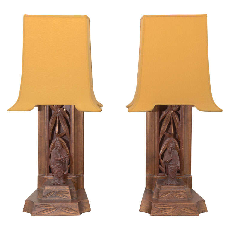 Pair Of Carved Bamboo And Figurine Lamps By James Mont