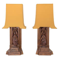 Pair Of Carved Bamboo And Figurine Lamps By James Mont