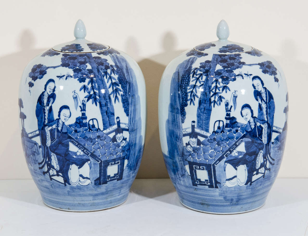 Beautifully painted porcelain ginger jars with lids. From Shanxi Province, China, c. 1900.  
Sold individually. Two pieces available.
CR562
abhayatribeca.com
212.431.6931