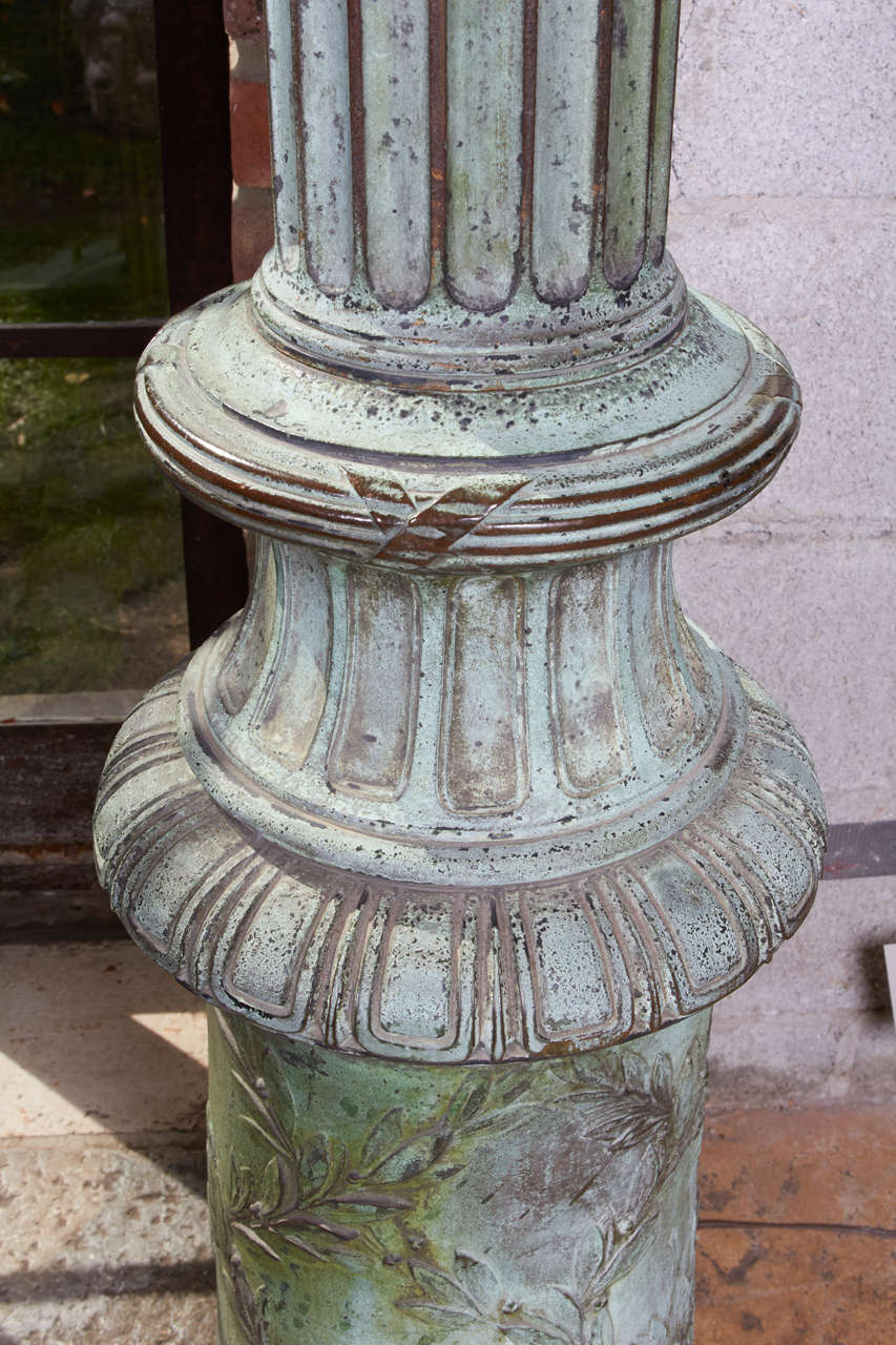 Pair of Tall Green Patinated Entry Lamps In Excellent Condition For Sale In New York, NY