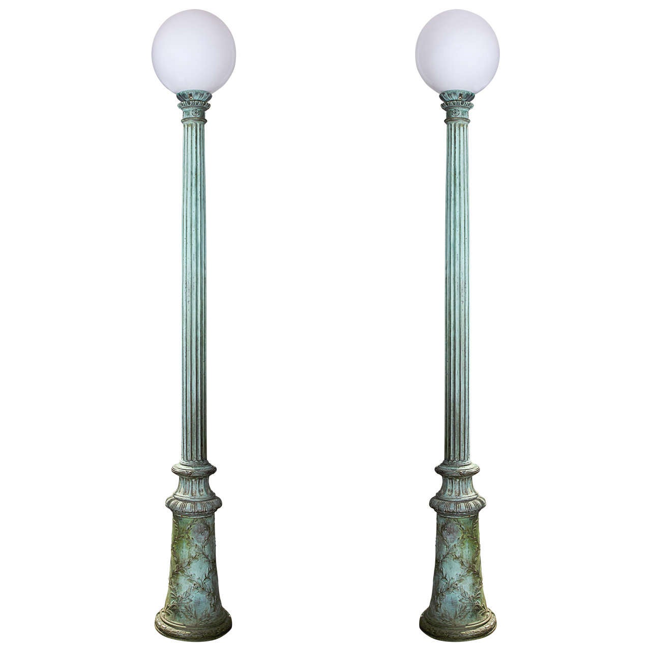 Pair of Tall Green Patinated Entry Lamps For Sale