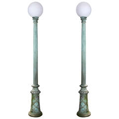 Antique Pair of Tall Green Patinated Entry Lamps