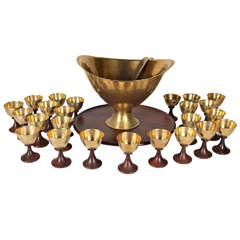 Retro Lawrence Hunter Hand Wrought Brass and Walnut Punch Set c.1965