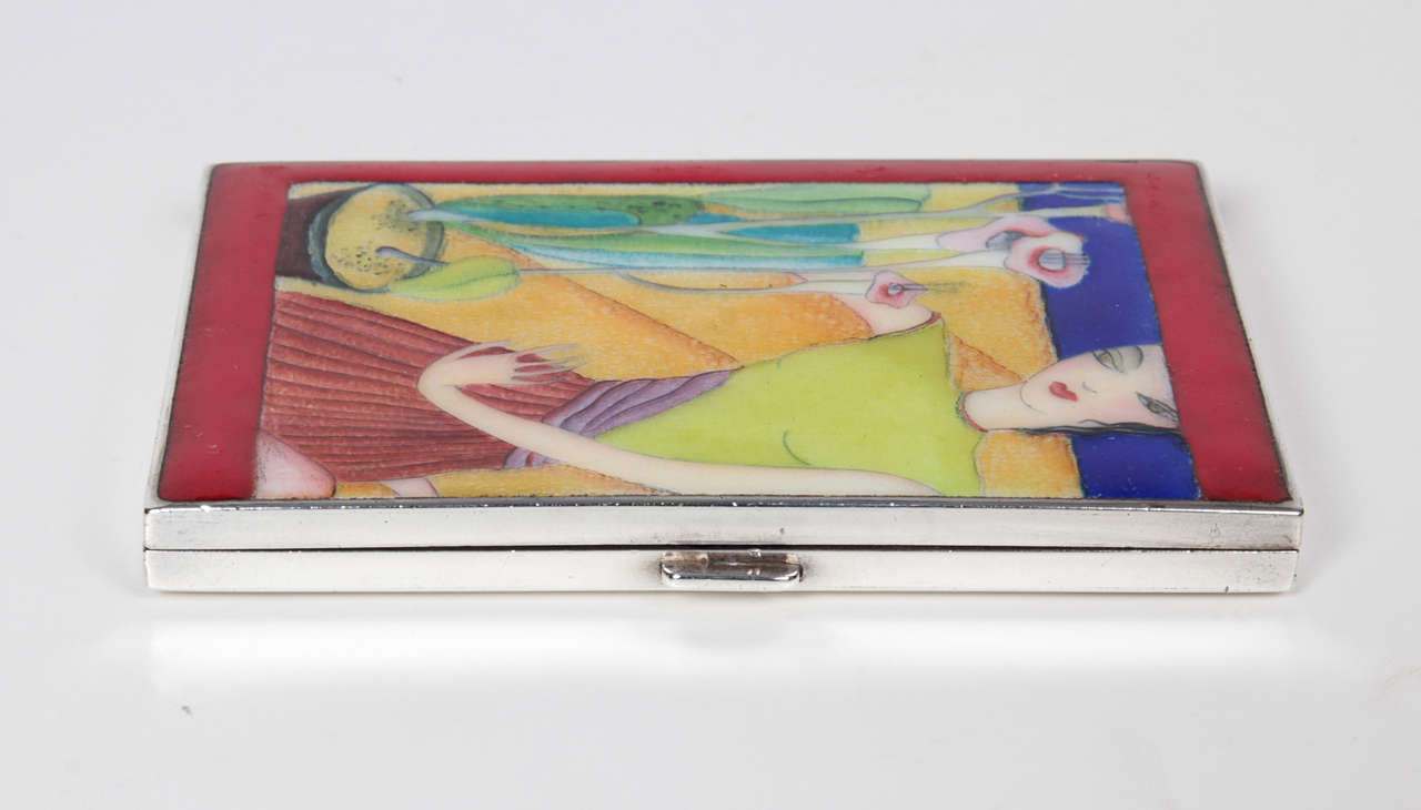 20th Century Paul Laszlo Rare Art Deco Enameled Sterling Cigarette Case c.1925 For Sale