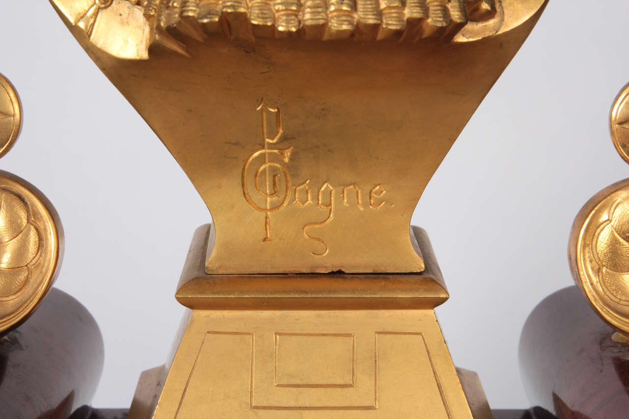 Paul-Auguste Gagne French Egyptian Revival Gilt Bronze Garniture Set For Sale 2