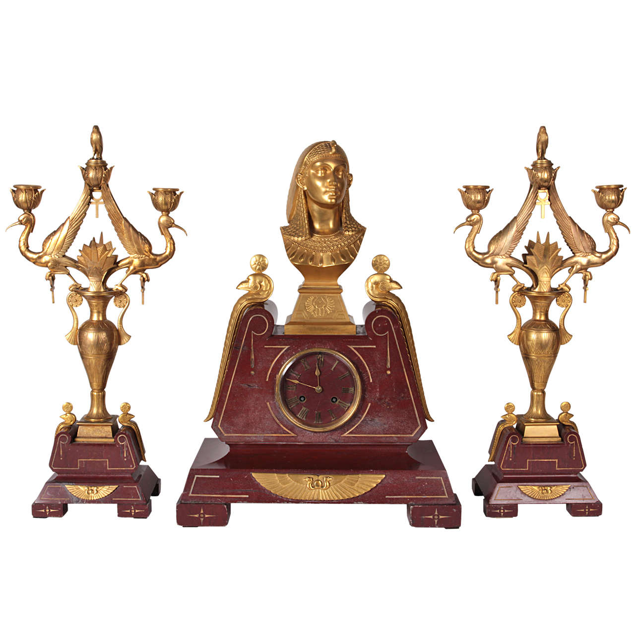 Paul-Auguste Gagne French Egyptian Revival Gilt Bronze Garniture Set For Sale