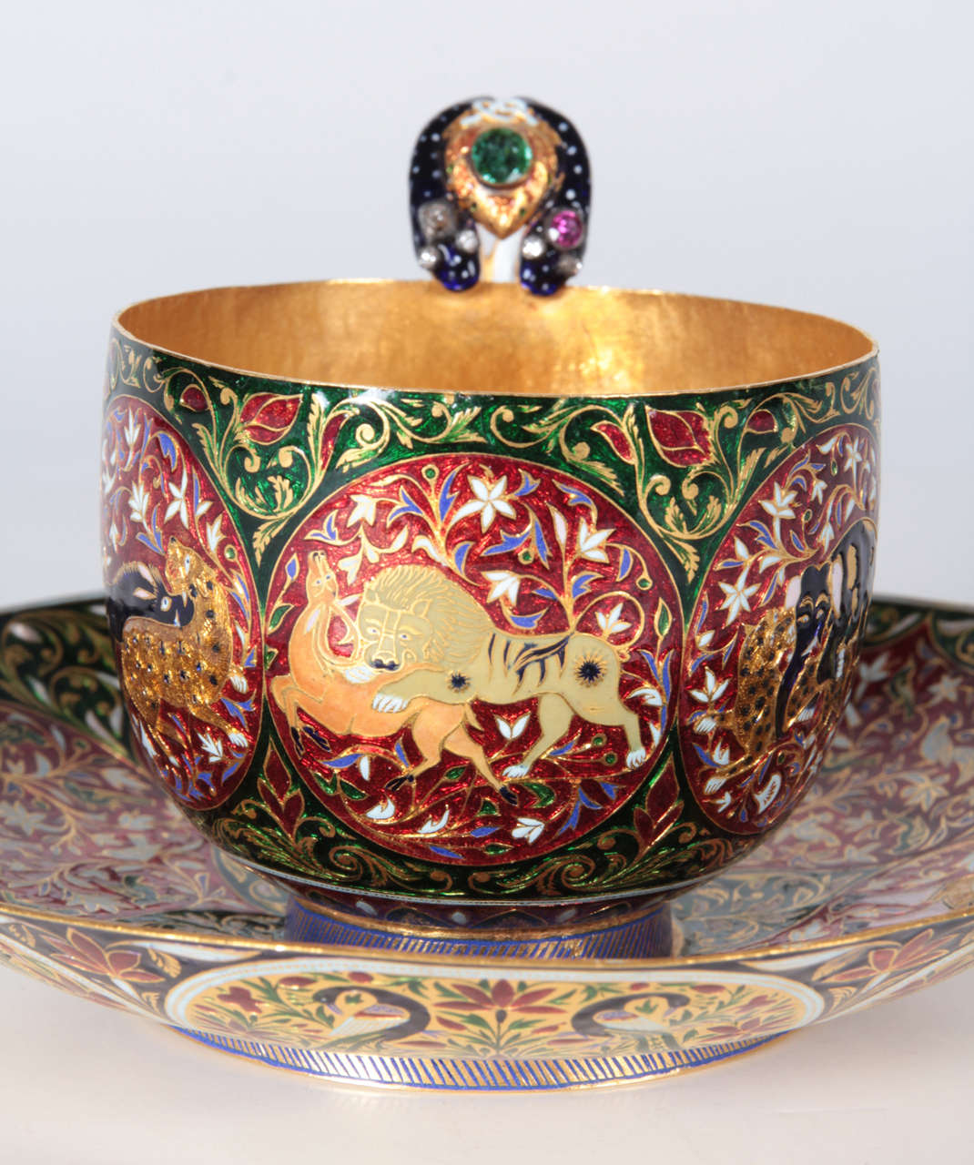 Jaipur Enameled and Gem Set Rare Solid Gold Cup and Saucer mid 19th Century For Sale 1