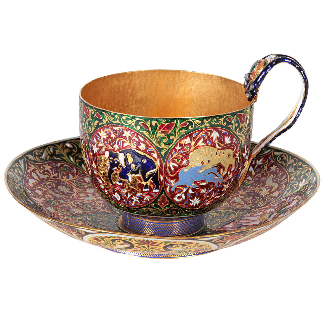 Jaipur Enameled and Gem Set Rare Solid Gold Cup and Saucer mid 19th Century For Sale