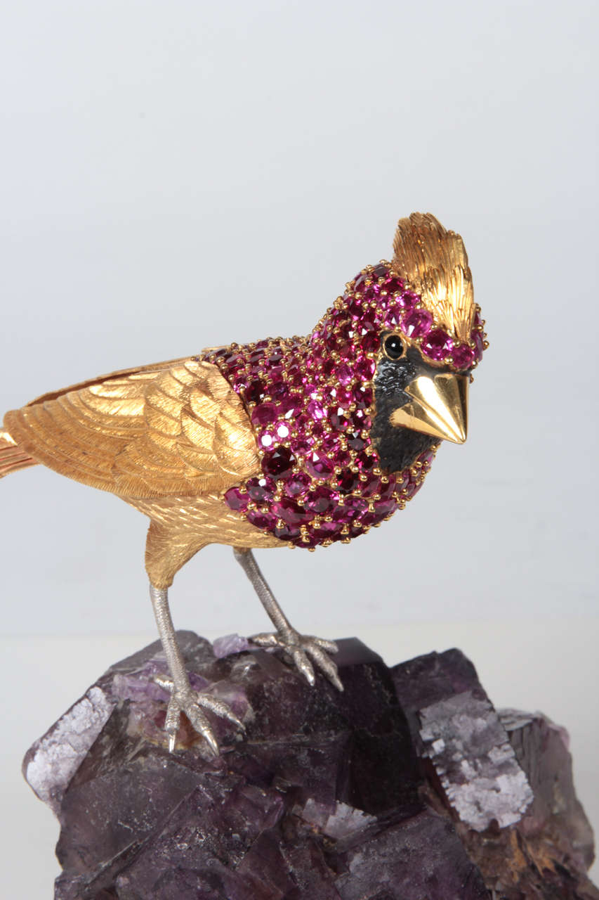 Modern Asprey & Co. Important Natural Ruby Gem Set 18K Gold Cardinal Sculpture  1980 For Sale